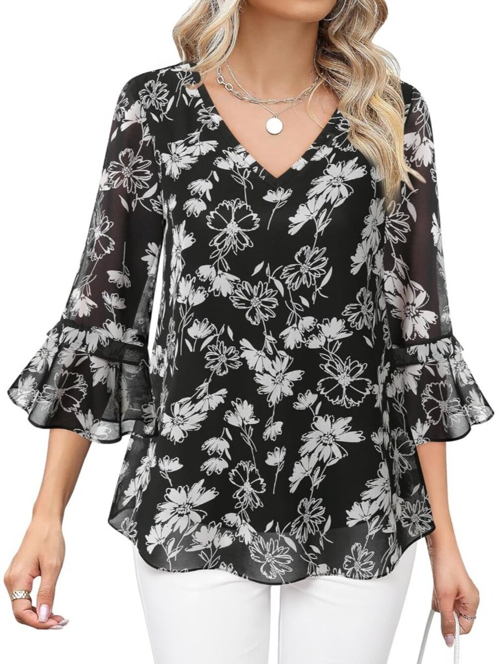 Women's Top Multi Black Casual Ruffle 3/4 Sleeves V Neck Floral Chiffon Blouses
